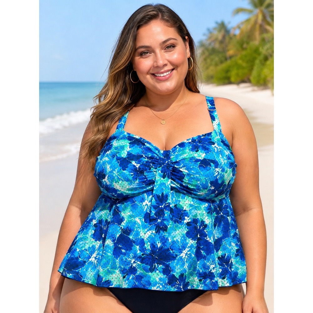 A Shore Fit Womens 20W Blue Floral Tummy Solutions Mesh Tankini Swim Top